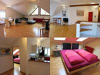 Die Bildcollage zeigt die Ferienwohnung Giesenstraße. Auf vier Bilder ist im Uhrzeigersinn der Ess-Wohnbereich, der Eingangsbereich, der Kochbereich mit angrenzendem Zugang zum Schlafzimmer und das Schlafzimmer zu sehen.