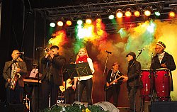 Das Bild zeigt die Band &#34;Funk Farmers&#34; bei einem Auftritt auf einer Bühne unter bunten Scheinwerfern. Es sind sechs Männer an den verschiedenen Instrumenten und eine Sängerin. 