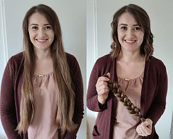 Die Chrysanthemenkönigin Lorena I. links mit langen Haaren, rechts mit kurzem Haar und dem abgeschnittenen Zopf in der Hand