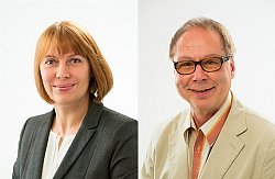 Links ist das Portraitbild von Olga Wieber zu sehen. Sie hat rötlich-blondes halblanges Haar und brauche Augen. Sie trägt eine weiße Bluse und eine graue Jacke darüber und lächelt. Rechts ist das Portraitbild von Harald Wieber zu sehen. Er hat kurzes blondes Haar und trägt eine Brille. Er hat ein Hend mit breiten bunten Streifen und ein beiges Jacket an und lacht.