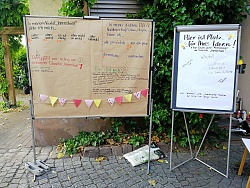 Auf dem Bild ist eine Stellwand zu sehen, auf der am Tag der Nachbarschaft Themen der Bewohnenden festgehalten wurden.