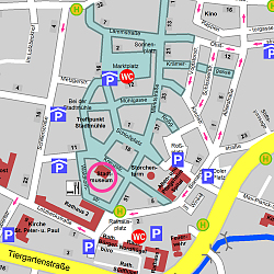 Der Kartenausschnitt zeigt die historische Innenstadt Lahrs. Stadtmuseum und Storchenturm liegen südlich des zentralen Schlossplatzes.