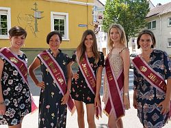 Die ehemaligen Chrysanthemenköniginnen stehen von links nach rechts Valerie Silberer, Simone Fehrenbacher, Jessica Neugebauer, Sonja Moser und Silke Faißt vor dem in gelb gehaltenen Gebäude des Cafe Löffel. Sie tragen alle Blumenkleider und eine rote Schärpe über der Brust, auf der eine Krone abgebildet und dann jeweils der Name und das Jahr der Amtszeit aufgedruckt ist. &#13;&#10;
