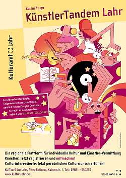 Buntes Plakat, das für KünstlerTandem wirbt. Aus einem roten Karton steigen Ideen für ein Kunstangebot hervor. 