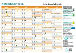 Das Bild zeigt die erste Jahreshälfte des Abfuhrkalenders Kippenheimweiler 2026.