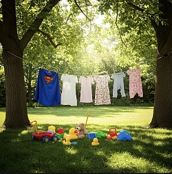 Das Foto zeigt aufgehangene Kleidung an der Wäscheleine zwischen zwei Bäumen und am Boden liegt viel verschiedenes Spielzeug wie beispielsweise ein Teddy Bär und Schaufeln auf dem Rasen.