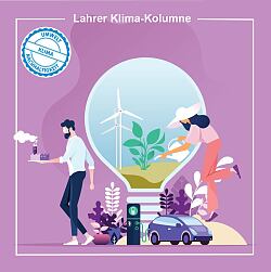 Zeichnung Szenario zum Klima- und Umweltschutz: Auf der einen Seite ein Mann, der luftverschmutzende Fabriken in der Hand hält, auf der anderen Seite eine Frau, die Pflanzen gießt, darunter ein Elekrto-Auto und in der Mitte Windräder  und eine Landschaft mit Pflanzen