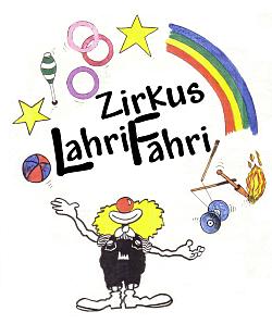 Das Bild zeigt das bunte Logo des Kinder- und Jugendzirkusprojekts "Zirkus LahriFahri". Zu sehen ist ein Clown, der mit Bällen, Keulen, Ringen, Sternen, einem Regenbogen und einem Diabolo um den Schriftzug "Zirkus LahriFahri" jongliert.