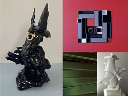 Bild links: Kunstwerk Sibylle Krastel-Dibbern, Bild rechts oben: Kunstwerk Gudrun Kirschhöfer, Bild rechts unten: Kunstwerk Cornelia Chevalier, Bild mitte unten: Kunstwerk Dieter Weissenberger