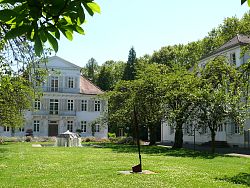 Das Bild zeigt das Neue Rathaus und den erhaltenen Südflügel durch Bäume hindurch.