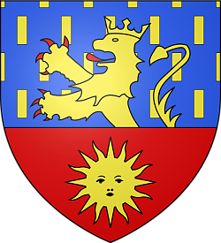 Das Wappen der Stadt Dole. Es zeigt oben auf Blau mit goldenen, kurzen, vertikalen Streifen den Oberkörper eines stehenden goldenen gekrönten Löwen mit roten Krallen und unten auf rot eine goldene Sonne. 