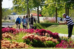 Ein Mann fotografiert mit einem Smartphone farbenprächtige Beete auf der LGS in Lahr. Links im Bild sind Besucher der Landesgartenschau zu sehen, wie sie auf einem Weg laufen.