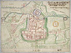 Das Bild zeigt der Stadtplan von 1723, in dem die damaligen Mühlen gekennzeichnet sind. 