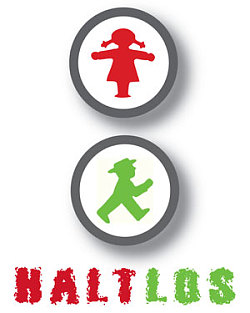 Das Bild zeigt das Haltlos-Logo. Ein rotes Ampelmädchen, das mit Zöpfen und ausgebreiteten Armen in einem grauen Kreis steht, und ein grünes Ampelmännchen, das mit Hut in einem grauen Kreis geht, und darunter das Wort Haltlos, die erste Silbe in rot, die zweite in grün geschrieben.