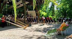 Musikerinnen und Musiker stehen im Stadtpark Lahr mit meterlangen Alphörnern im Halbkreis. 