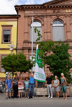 Oberbürgermeister Markus Ibert (Dritter von rechts) und Mitglieder des Friedensforums Lahr hissen die Flagge der „Mayors for Peace“ am Rathaus Luisenschule.

Die Flagge wehr im Wind, neben mobilen Grün vor der Luisenschule