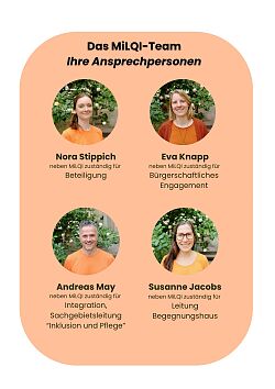 Ihre Ansprechpersonen für MiLQI: Nora Stippich neben MiLQI zuständig für Beteiligung, Eva Knapp neben MiLQI zuständig für Bürgerschaftliches Engagement, Andreas May neben MiLQI zuständig für Integration,  Sachgebietsleitung “Inklusion und Pflege”,  Susanne Jacobs neben MiLQI zuständig für Leitung Begegnungshaus