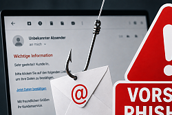 Laptop davor Briefumschlag, durch den den Angelhaken geht und daneben Vorsichtssymbol mit der Schrift: Vorsicht Phishing! Klicken Sie nicht auf Lins und geben Sie keine Datein ein! 