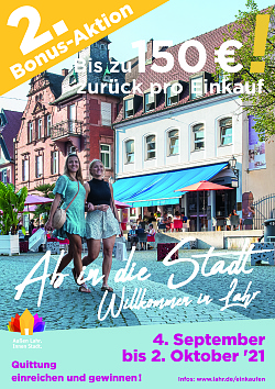 Das Plakat zeigt zwei junge Frauen in sommerlicher Kleidung beim Einkaufen in der Lahrer Innenstadt.