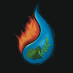 Wassertropfen mit Flamme und grünen Pflanzen