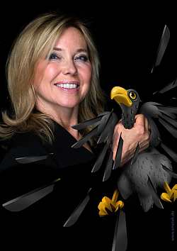 Zu sehen ist die blonde Kabarettistin Simone Solga. Mit der Hand umfasst sie den Hals eines animierten Adlers.