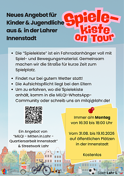Informationen zur Spielekiste on Tour: vom 31.08. bis 19.10. immer montags von 16:30 bis 18:00 Uhr in der Innenstadt.