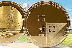 Projektierte Abbildung mit zwei goldenen riesengroßen Münzen, eine mit der Aufschrift "Stadtgulden". Im Hintergrund ist Landschaft mit Rasen und ein Hochhaus zu sehen.