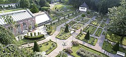 Das Bild zeigt einen Blick von oben auf den Rosengarten im Stadtpark Lahr mit seinen symmetrisch angelegten Beeten und exakt geschnittenen Buchsbäumchen. Links im Bild die Orangerie, ein altes Ziegelgebäude mit bodentiefen großen Sprossenfenstern und einem Glasdach.