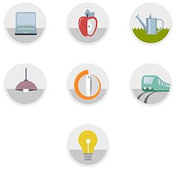 Plakat mit den Umwelttipps vom Umweltbundesamt. Zu sehen ist ein Laptop, nebendran ein Apfel und rechts davon eine Gießkanne.&#13;&#10;In der Mitte links ist eine Hängelampe und mittig ein Temperaturregler und rechts davon ein fahrender Zug aufgeführt. Unten mittig ist eine Glühlampe zu sehen.