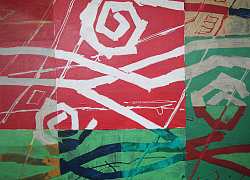 Kunstwerk von Udo Becherer in rot mit weißen plakativen Linien, im unteren Teil das gleiche mit grünem Hintergrund. 