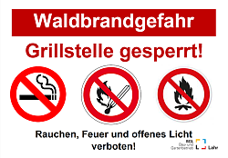 Schild Hohe Waldbrandgefahr mit drei Piktogrammen