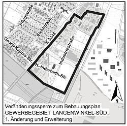 Man sieht den Geltungsbereich des Bebauungsplan Gewerbegebiet Langenwinkel-Süd, 1. Änderung und Erweiterung