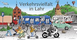 Hier ist ein Illustraion des Zeichner Andreas Krellmann zu sehen, der die verkehrsvielfalt in Lahr zeigt. Zu sehen sind markante Gebäude wie das Alte Rathaus und der Storchenturm sowie der Schutterlindenberg im Hintergrund auch das Bürgerbüro und das Chrysatnehma Riesenrad fehlen nicht. Davor sieht man verschiedene Verkehrsmittel, ein Auto, einen Bus, bei dem man das Gesicht von OB Dr. Müller als Fahrgast durch die Scheibe sieht, einen LKW und einen Zug sowie ein Motorrad, einen Radfahrer, einen Rollerfahrer, einen Jungen auf einem Skateboard, eine Frau mit Kinderwagen und sogar einen Herren mit Zylinder auf einem Hochrad. Außerdem laufen ein Hund und ein Igel durch das Bild. Am Himmel sieht man ein Flugzeug im Landeanflug auf Lahr und einen Heißluftballon in Herzform mit den Initialen &#34;LR&#34; und vom Storchenturm schaut natürlich ein Storch auf das muntere Geschehen herab.
