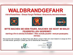 Oben steht groß &#34;Waldbrandgefahr&#34;. Unterhalb sind drei Piktogramme mit &#34;Bitte kein Feuer&#34;, Feuerstelle gesperrt und Rauchen verboten&#34; aufgeführt.