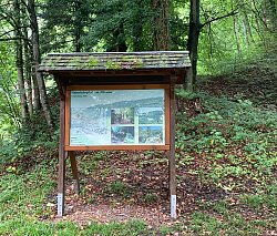 Eine der Erklärtafeln auf dem Waldlehrpfad Altvater: ein Holzgestell mit einem kleinen Dach. Hinter einer Glasscheibe sind verschiedene Bilder mit Erklärungen zu sehen.