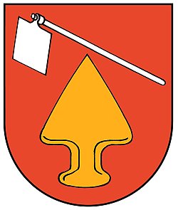 Das Bild zeigt das Wappen von Langenwinkel. Es zeigt auf rotem Grund eine gelbe/goldene Pflugschar und darüber eine weiße/silberne Hacke. 