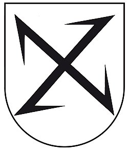 Das Bild zeigt das Wappen von Mietersheim. Es zeigt ein schwarzes X mit links gewendeten Haken auf weißem/silbernen Grund.