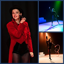 eine Collage, das verschiedene Frauen zeigt, links groß eine Frau, die sich gerade mit einem Puderpinsel schminkt, rechts oben eine Eiskunstläuferin und rechts unten eine Gymnastin mit einem Spirale drehenden Band. 