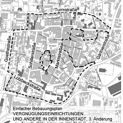Auf dem Bild sieht man den Geltungsbereich des Bebauungsplans Vergnügungungseinrichtungen und Andere in der Innenstadt, 3. Änderung.