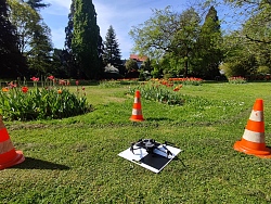 Drohne steht auf einer schwarz-weiß karierter Unterlage auf einer Wiese. Drei orange-weiße Pylonen sind drum herum platziert.