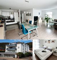 Küche, Wohn- und Esszimmer, Schlafzimmer und Außenansicht der Ferienwohnung Comfort Plus in Lahr.